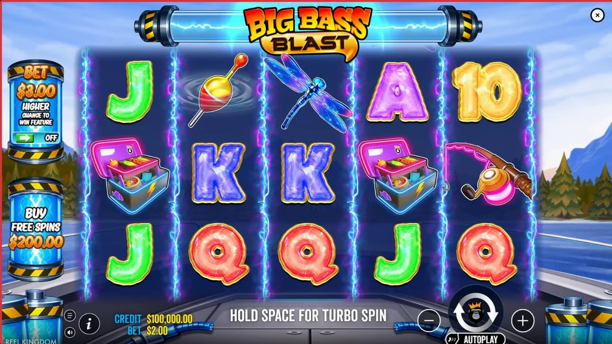 Tampilan layar permainan slot Big Bass Blast dengan elemen futuristik dan neon