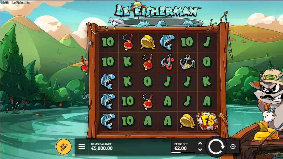 Smokey si rakun sedang memancing di slot Le Fisherman